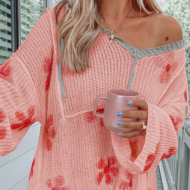 Fall Thin Loose Hooded Pullover Knitwear Women's Fashion Floral Printed Sweater Women