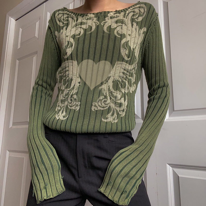 Vintage Print Sweater Long Sleeve Light Green Top