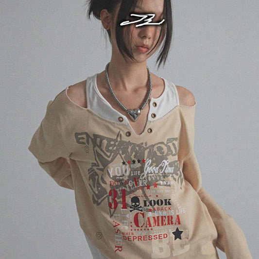 Vintage Print Long Sleeve Off Shoulder T-Shirt Sweatshirt