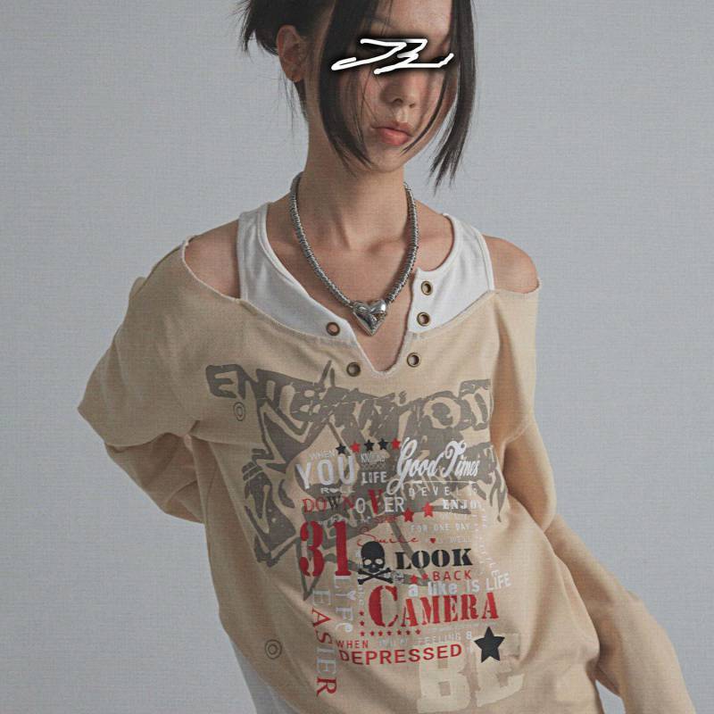 Vintage Print Long Sleeve Off Shoulder T-Shirt Sweatshirt