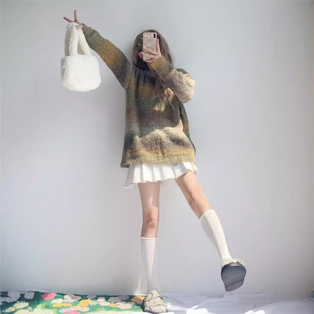 Soft Glutinous Lazy Sweater Women's Autumn Winter Retro Maillard Rainbow Gradient Sweater