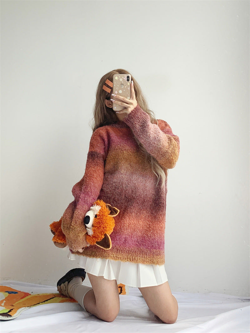 Soft Glutinous Lazy Sweater Women's Autumn Winter Retro Maillard Rainbow Gradient Sweater