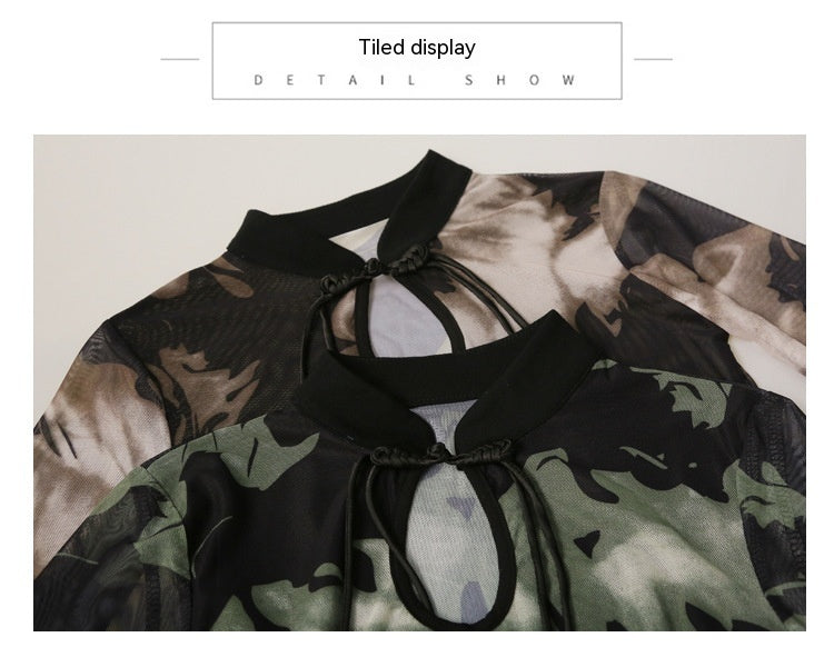 Retro Chinese Style Printed Voile Long Sleeve Top