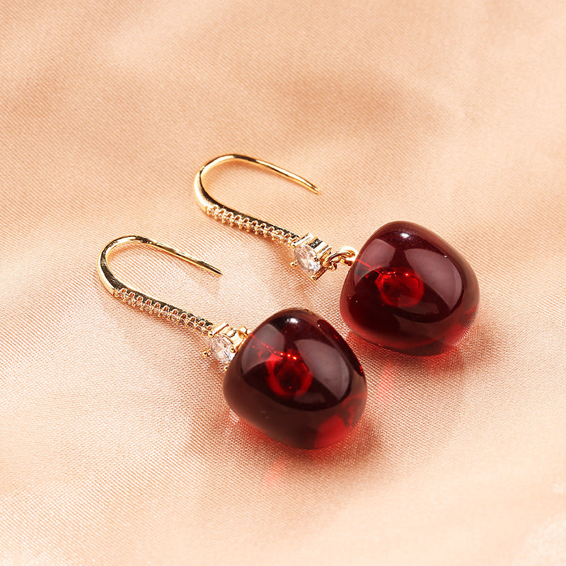 Personality Red Cherry Silver Pin Earrings