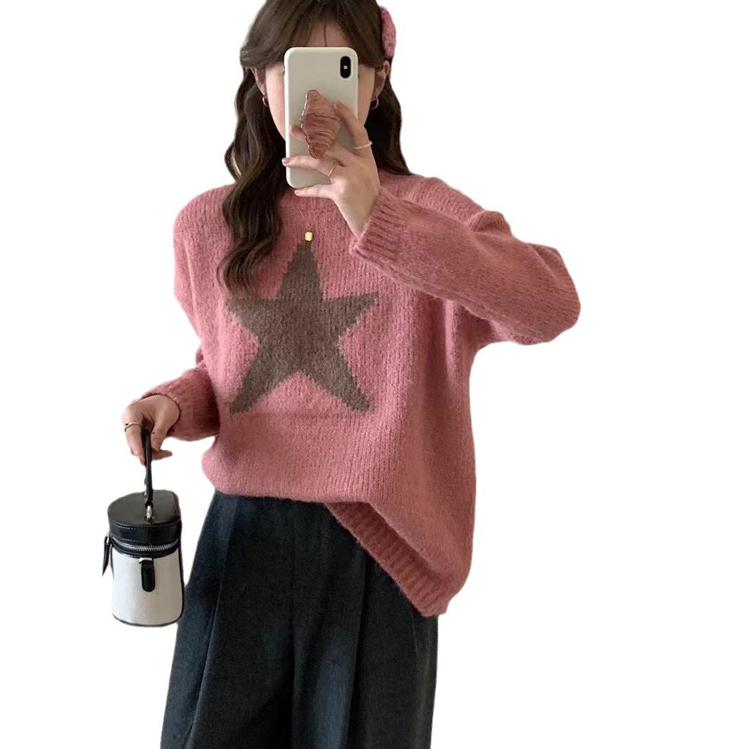 Retro Style Fashionable Simple Style Five-pointed Star Graffiti Round Neck Long Sleeve Sweater