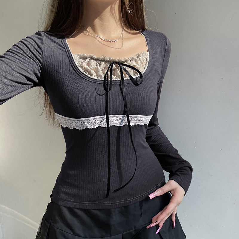 Retro Contrast Color Lace Stitching Fake Two-piece Long Sleeve