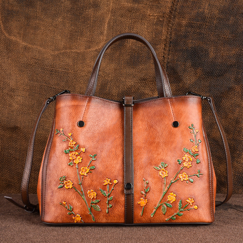 Vintage Embossed Leather Diagonal Handbag