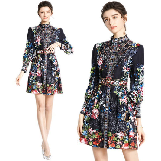 Retro Printed Stand Collar Long Sleeve Slim-fit Short Dress