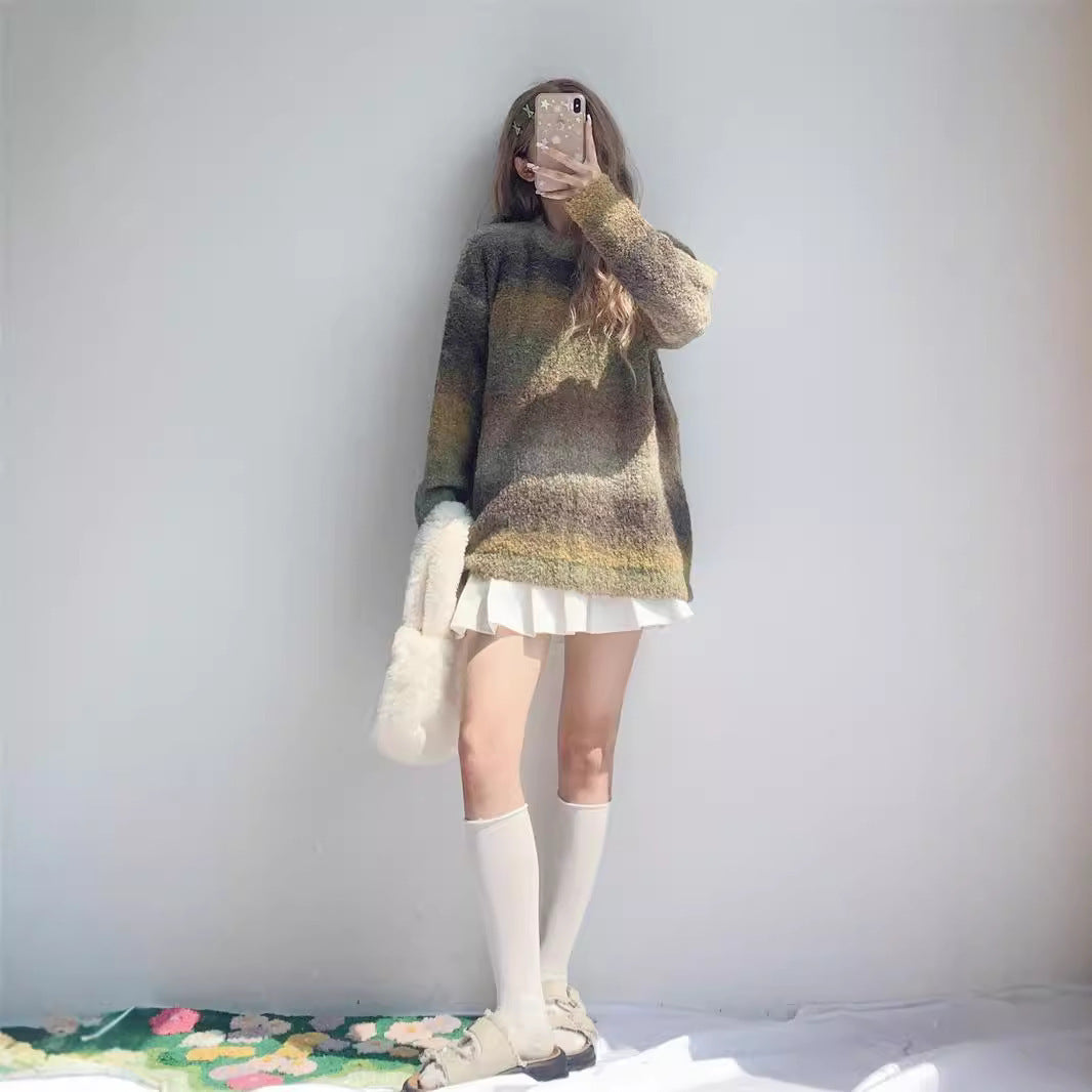 Soft Glutinous Lazy Sweater Women's Autumn Winter Retro Maillard Rainbow Gradient Sweater