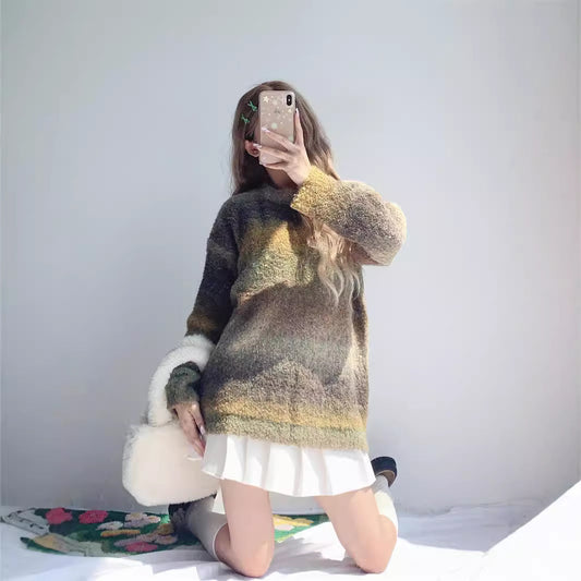 Soft Glutinous Lazy Sweater Women's Autumn Winter Retro Maillard Rainbow Gradient Sweater