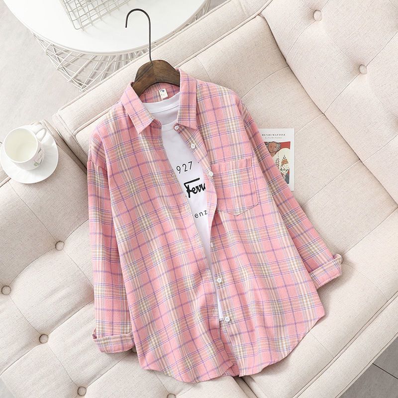 Women Retro Oversized Plaid Print Blouse Long Sleeve Chic Female Casual Loose Shirt Tops