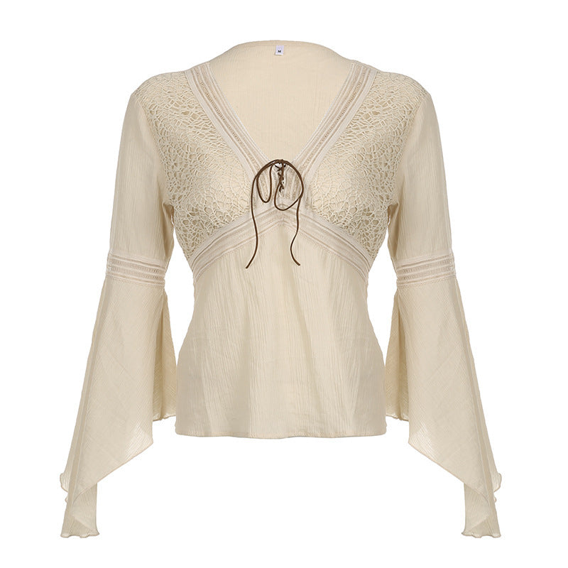 Ethnic Style Retro Plaid V-neck Lace-up Mesh Flared Long Sleeve Shirt