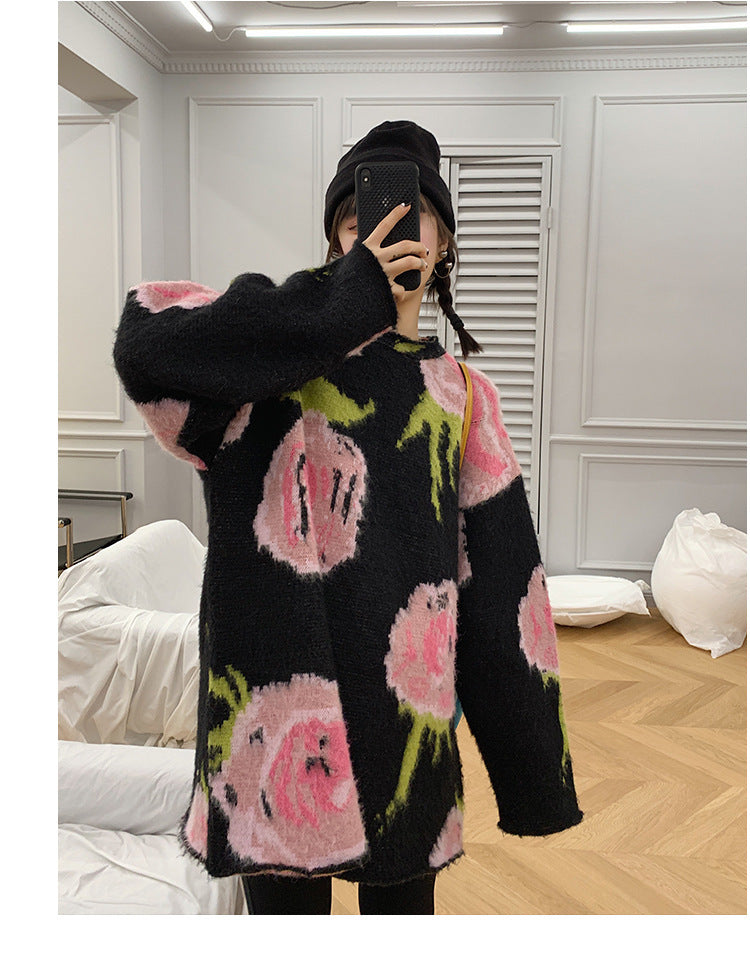 Autumn And Winter Lazy Style Retro Jacquard Mid-length Pullover Knitted Sweater