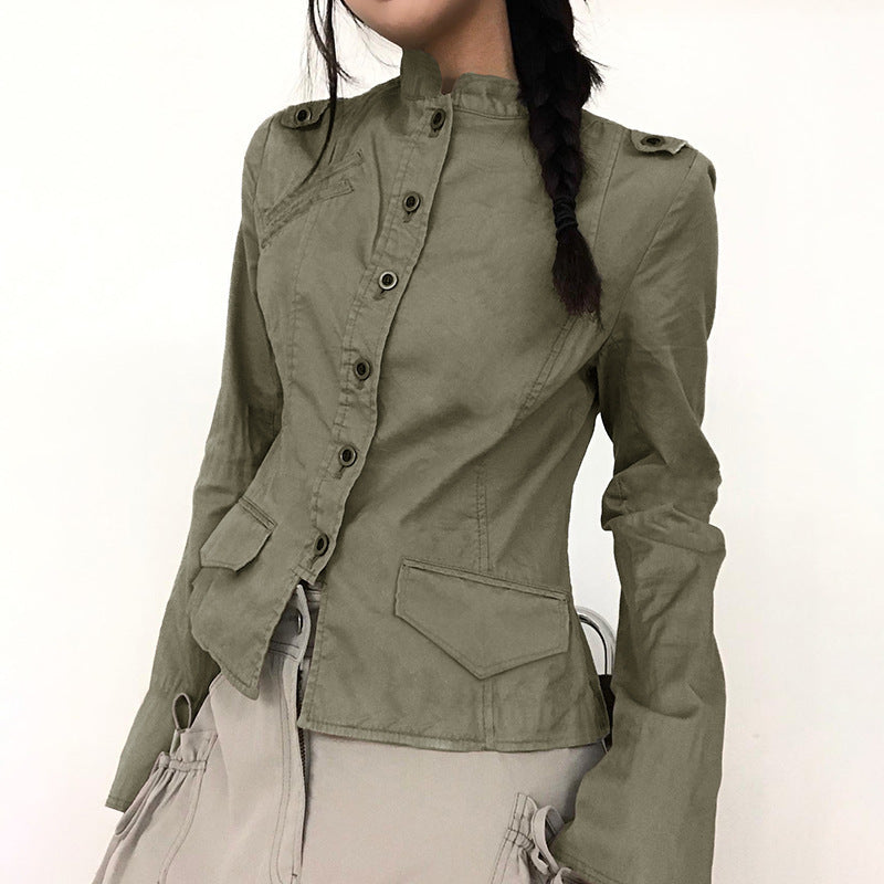 Khaki Pleated Button Up 