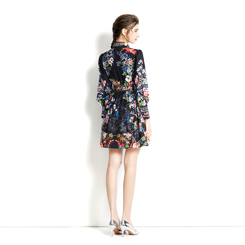 Retro Printed Stand Collar Long Sleeve Slim-fit Short Dress