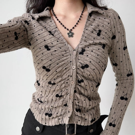 American Retro Cherry Embroidery Lapel Knit Cardigan Slim Fit Long Sleeved Top