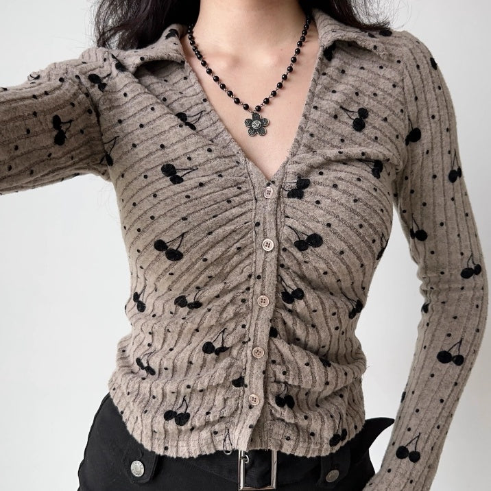 American Retro Cherry Embroidery Lapel Knit Cardigan Slim Fit Long Sleeved Top