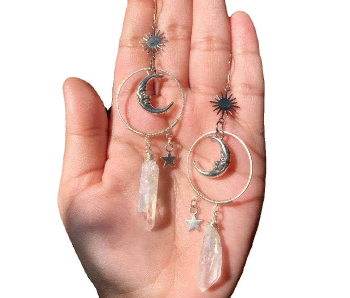 Gothic Silver Star And Moon Drop Earrings