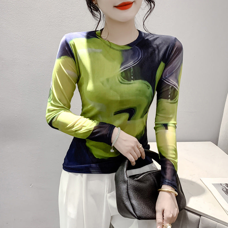 Fall Winter Fashion Voile Printing Long Sleeve Round Neck Top