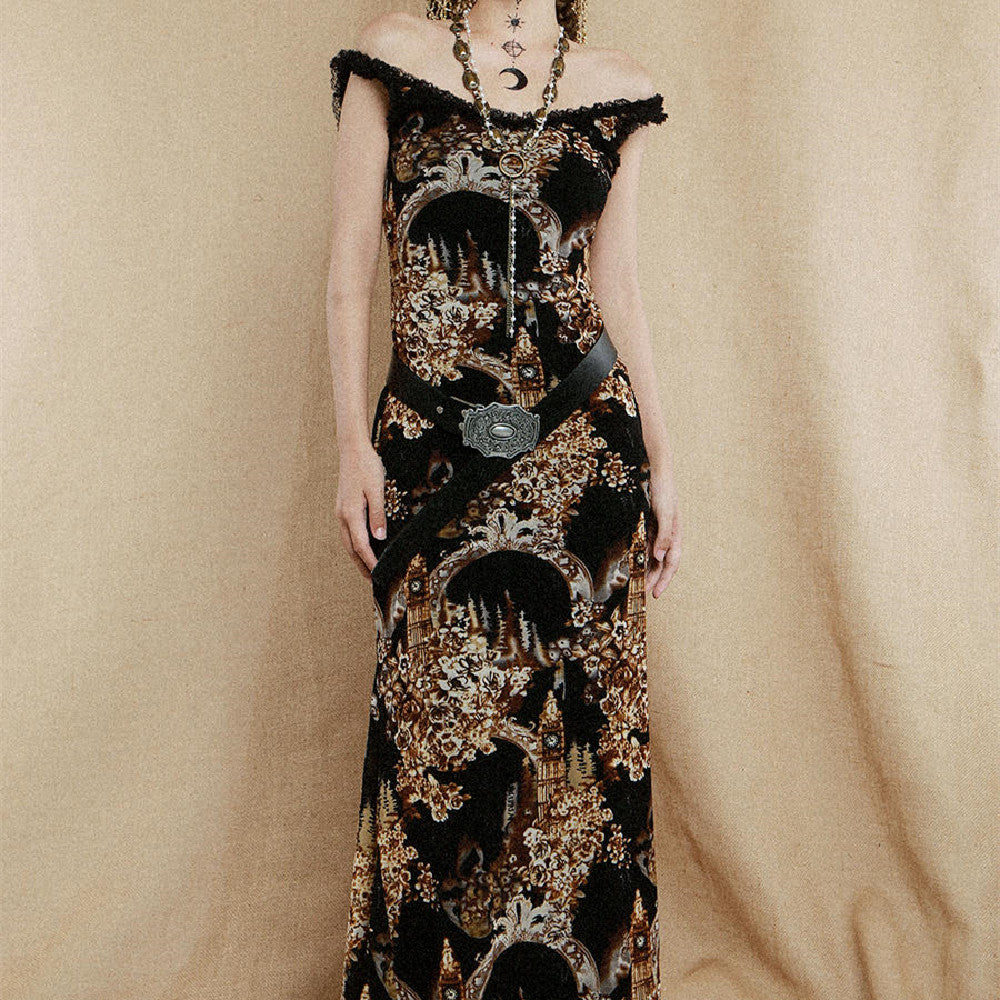 Retro Gothic Architectural Style Lace Lace Backless Fishtail Dress