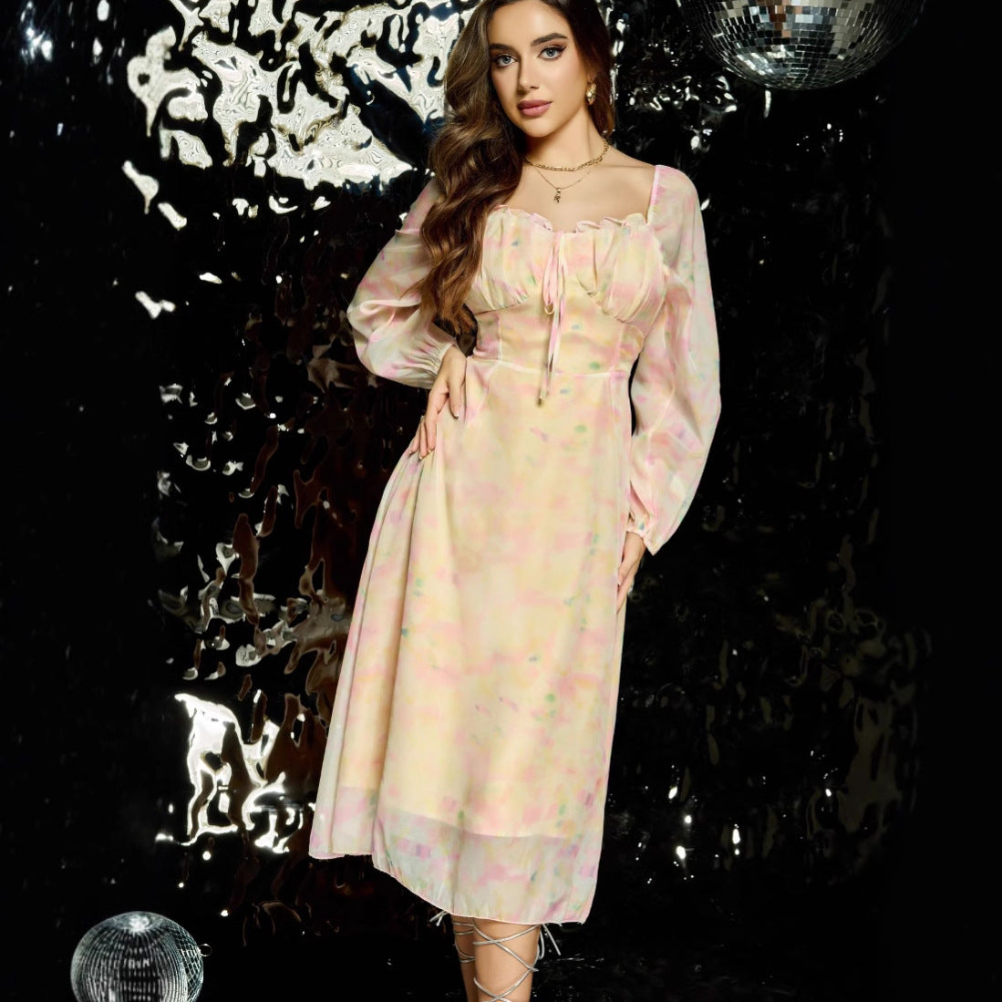 Exquisite Retro Long Sleeve Floral Fairy Dress High-end Sense