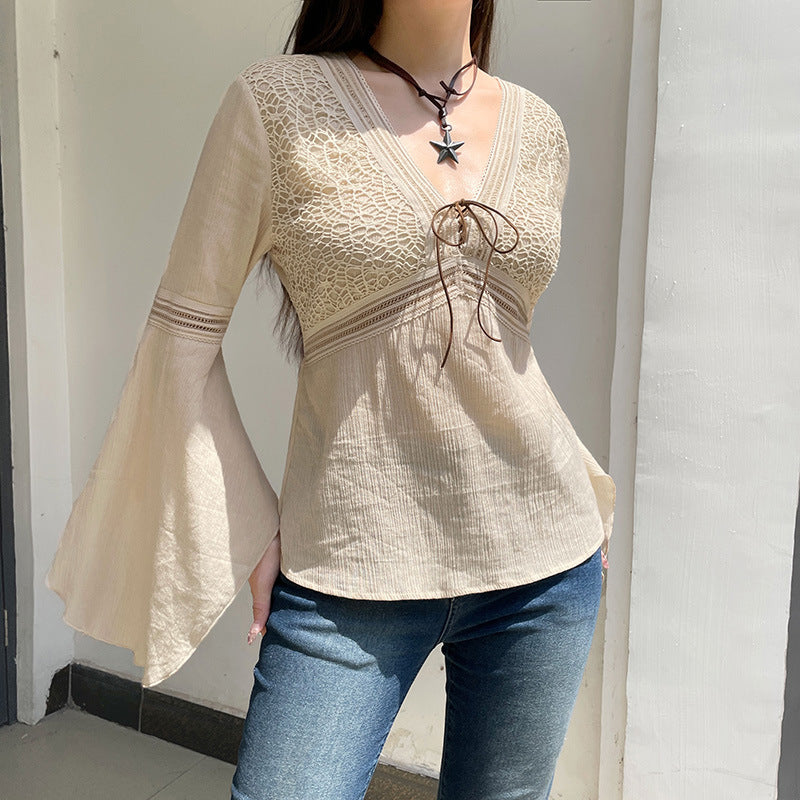 Ethnic Style Retro Plaid V-neck Lace-up Mesh Flared Long Sleeve Shirt