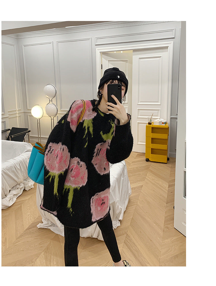 Autumn And Winter Lazy Style Retro Jacquard Mid-length Pullover Knitted Sweater