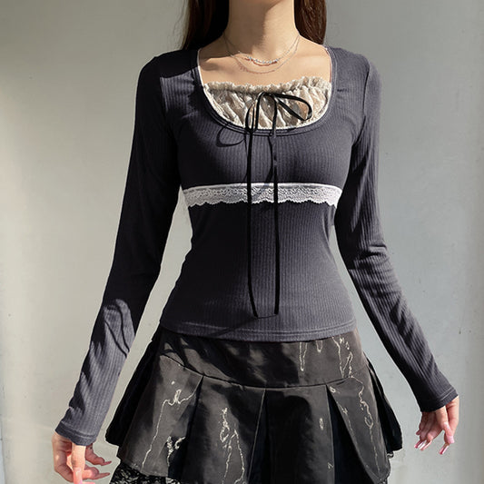 Retro Contrast Color Lace Stitching Fake Two-piece Long Sleeve