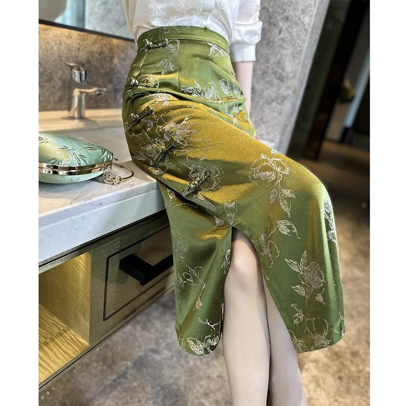 Casual Mid-waist Retro Vintage Green Skirt For Women