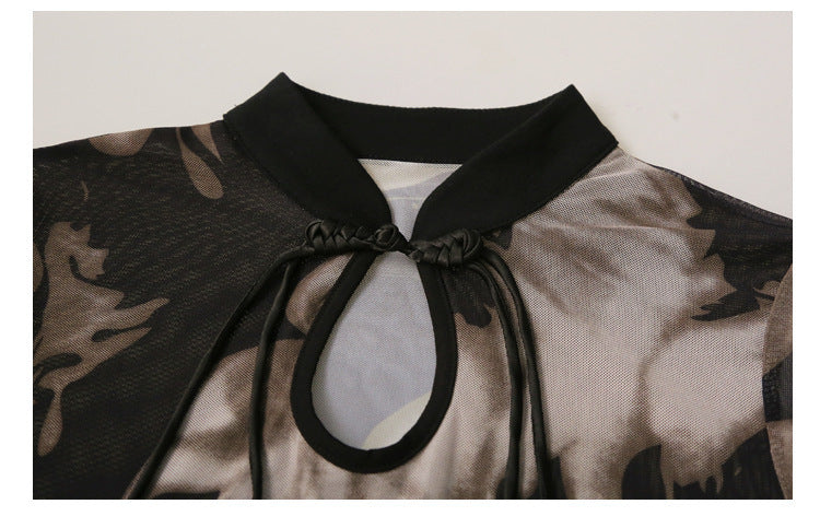 Retro Chinese Style Printed Voile Long Sleeve Top