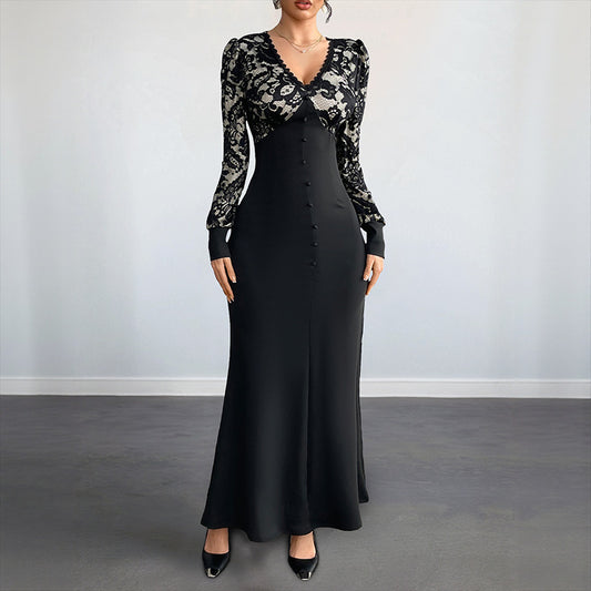 Retro V-neck Lace Stitching Long Sleeve Dress