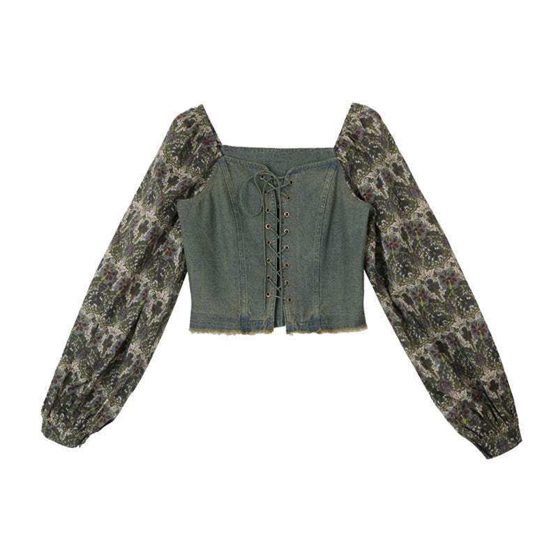 French Floral Long Sleeve Retro Lace-up Denim Shirt