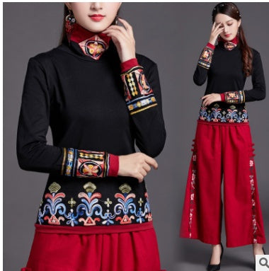 National style women's top long sleeve autumn and winter wear new Chinese style retro Embroidery Flower high collar bottoming shirt women's T-shirt
