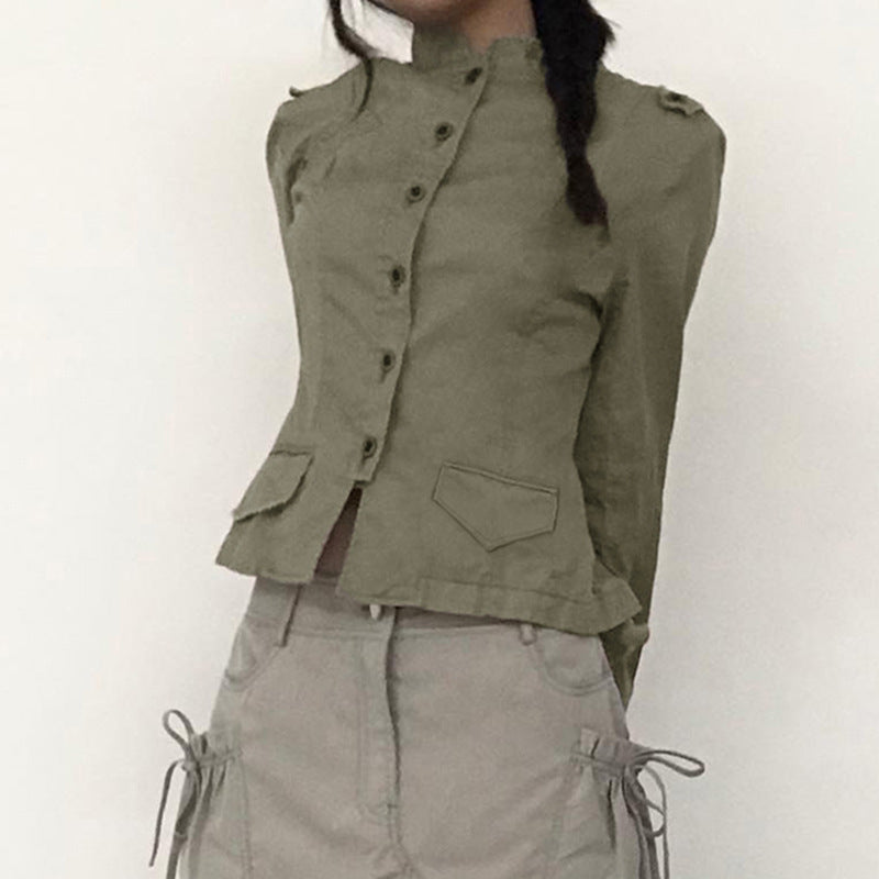 Khaki Pleated Button Up 