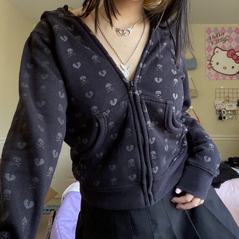 90s Vintage Skulls Print Black Sweatshirt Zipper Long Sleeve