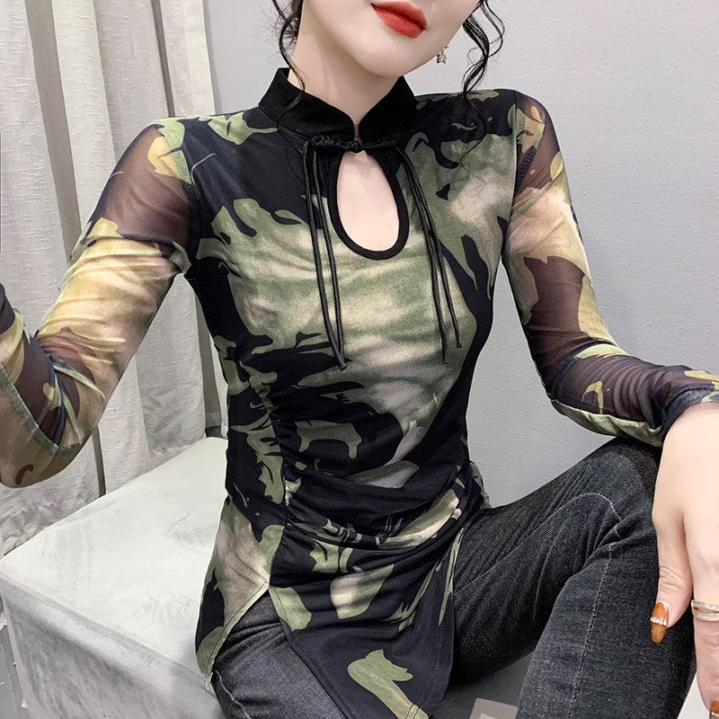 Retro Chinese Style Printed Voile Long Sleeve Top