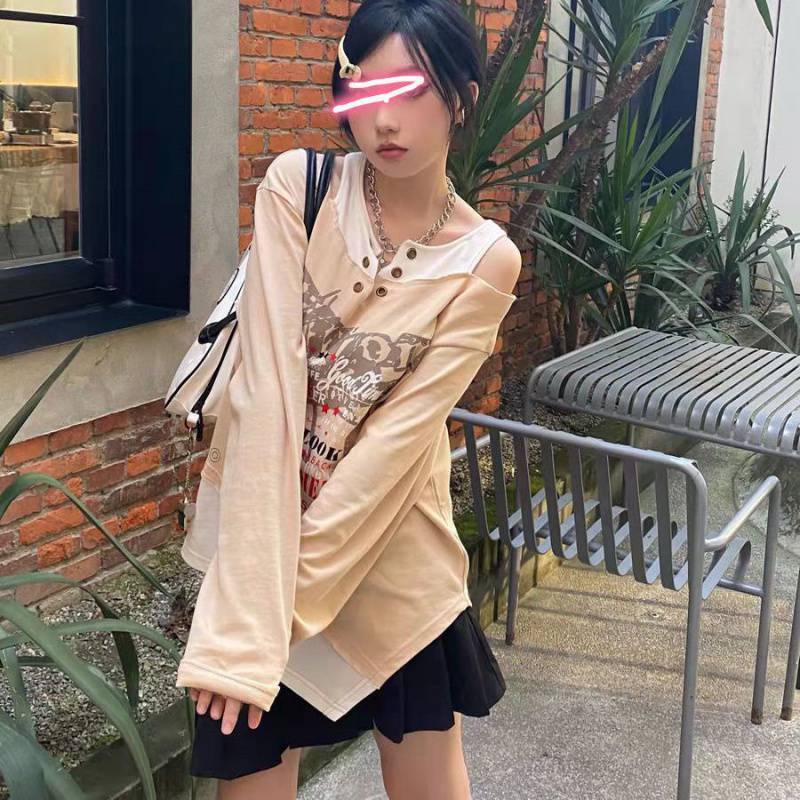 Vintage Print Long Sleeve Off Shoulder T-Shirt Sweatshirt