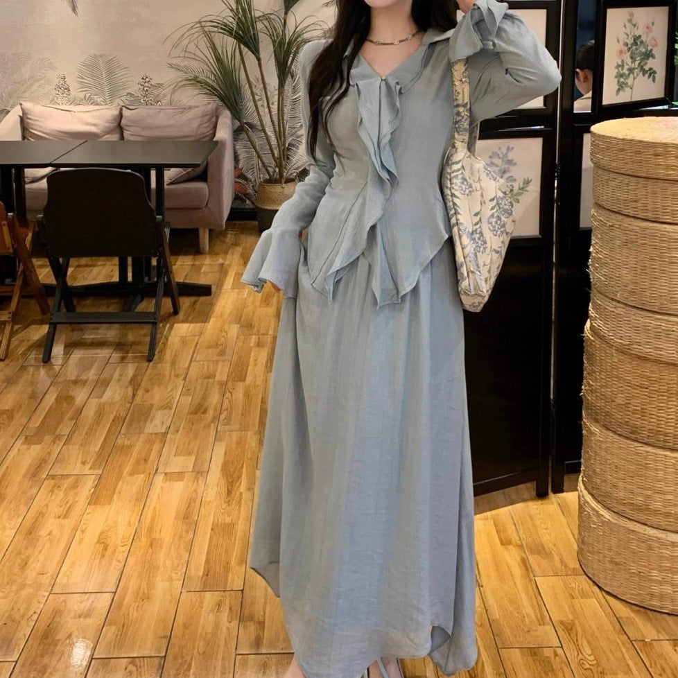 French Vintage Ruffled Long Sleeve Shirt Outfit