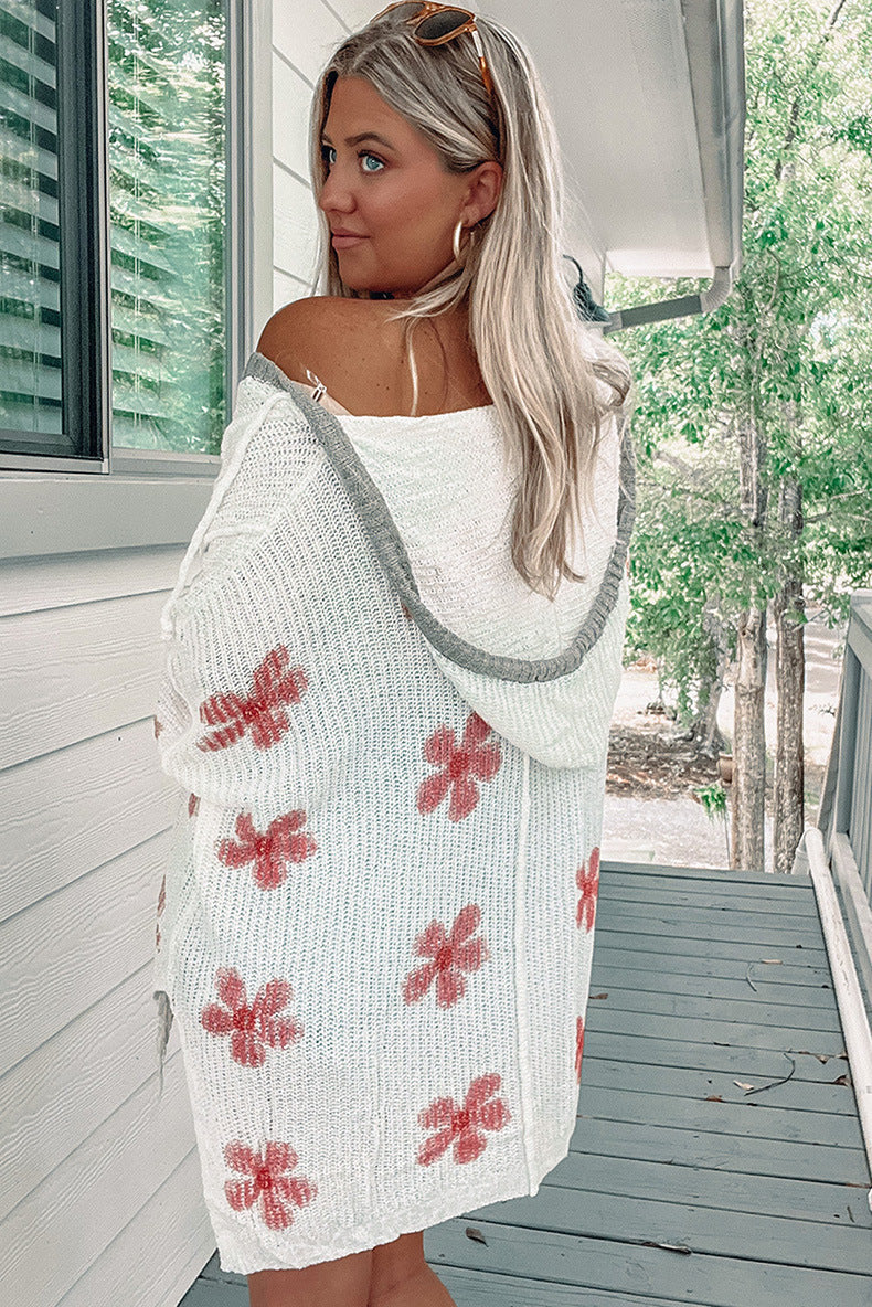 Fall Thin Loose Hooded Pullover Knitwear Women's Fashion Floral Printed Sweater Women