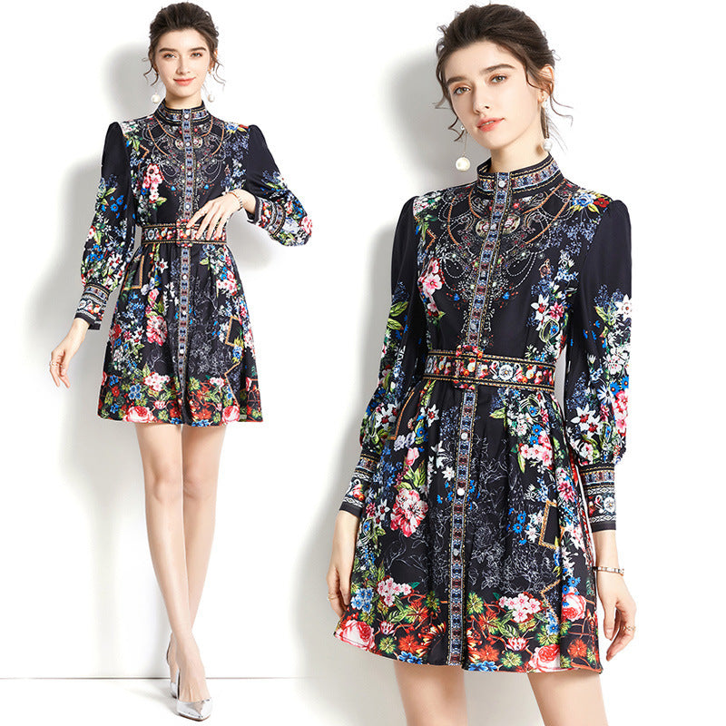 Retro Printed Stand Collar Long Sleeve Slim-fit Short Dress