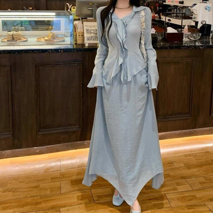 French Vintage Ruffled Long Sleeve Shirt Outfit