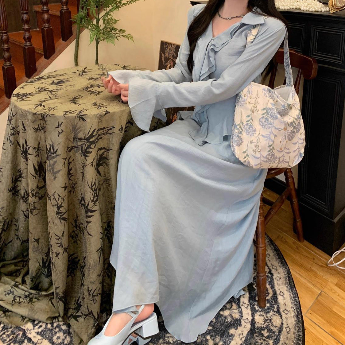 French Vintage Ruffled Long Sleeve Shirt Outfit