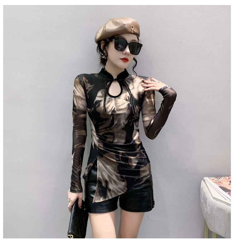 Retro Chinese Style Printed Voile Long Sleeve Top