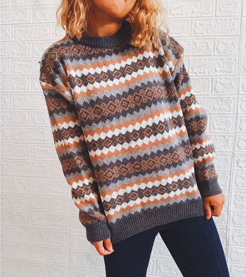 Retro Pattern Round Neck Long Sleeve Knitted Pullover Sweater