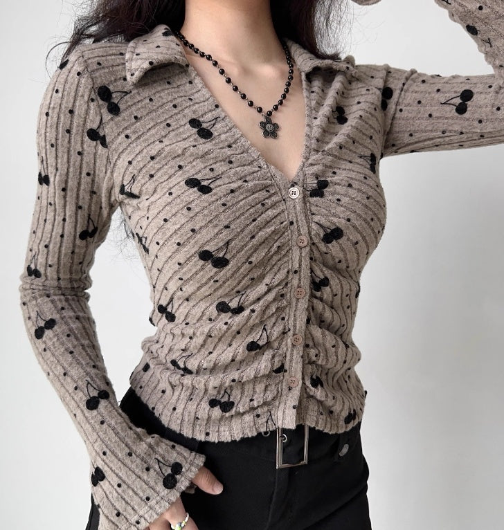 American Retro Cherry Embroidery Lapel Knit Cardigan Slim Fit Long Sleeved Top