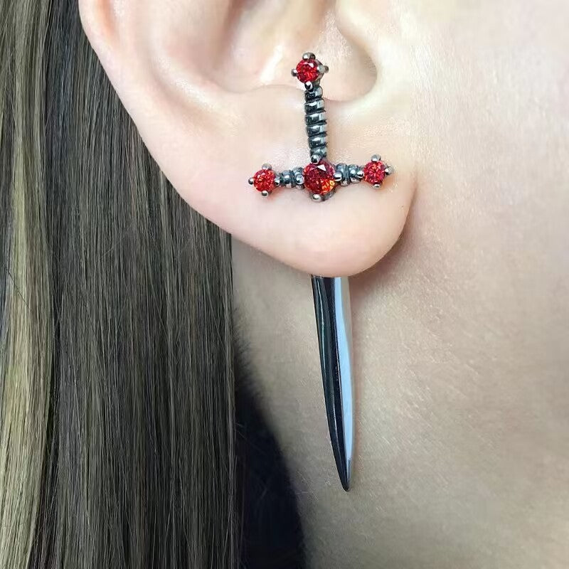New Gothic Sword Vintage Bright Crystal Dagger Earrings