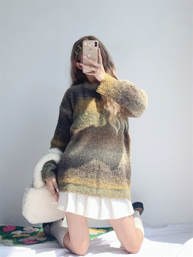 Soft Glutinous Lazy Sweater Women's Autumn Winter Retro Maillard Rainbow Gradient Sweater