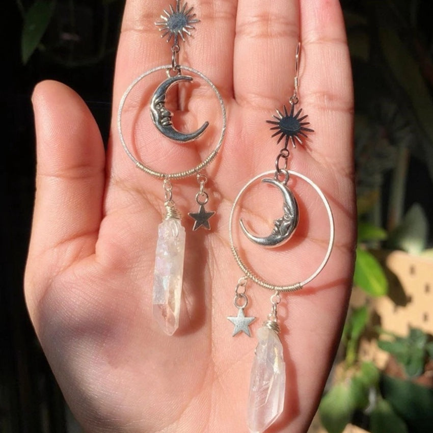 Gothic Silver Star And Moon Drop Earrings