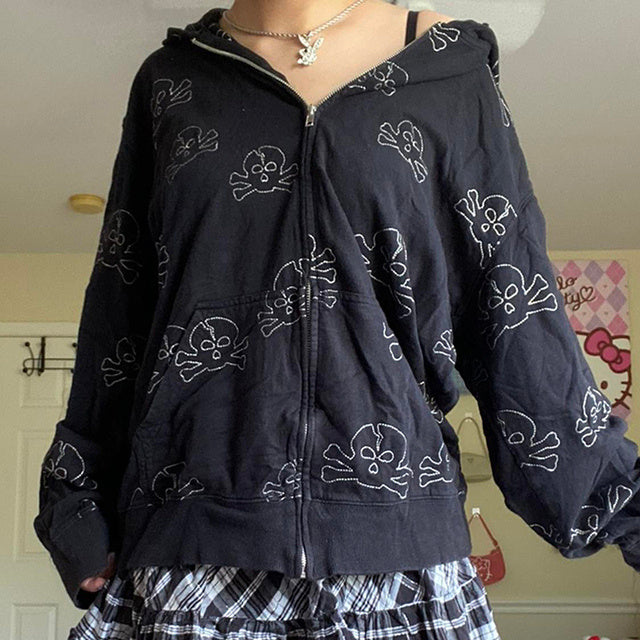 90s Vintage Skulls Print Black Sweatshirt Zipper Long Sleeve