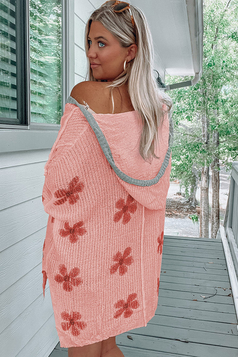 Fall Thin Loose Hooded Pullover Knitwear Women's Fashion Floral Printed Sweater Women